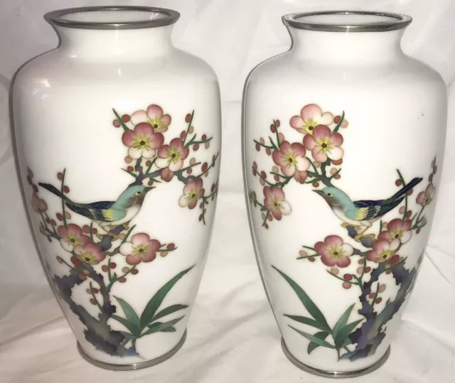 Qty-2- INABA Cloisonné Enamel Vases Silver Band Cherry Blossoms Birds 1925 Japan