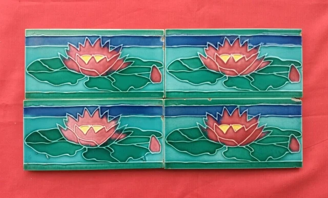 4 Piece Old Art Lotus Design Embossed Majolica Ceramic Tiles Japan 0170