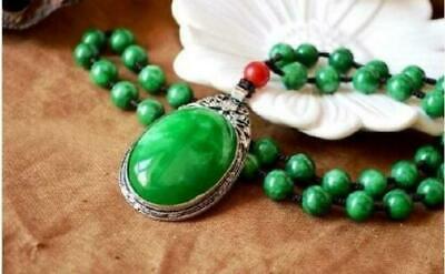 China Old Tibetan silver inlaid with green jade pendant necklace sweater chain