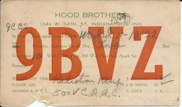 Vintage Ham Radio Qsl Cards 1922  9Bvz   Indianapolis, In.
