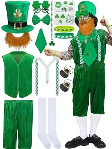 16 Pcs St. Patrick's Day Party Costume Include Leprechaun Hat with Beard Vest