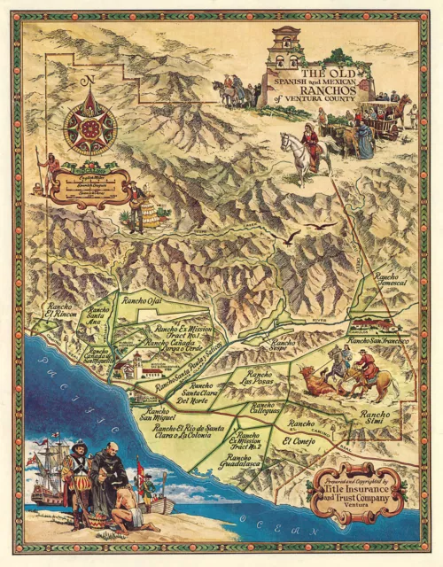 Map Old Spanish and Mexican Ranchos of Ventura County Wall Poster Print Mexico