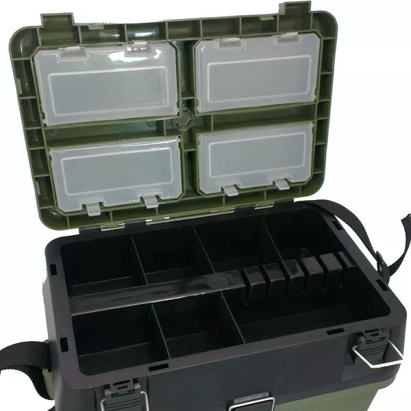 Green Fishing Tackle Seat Box With Carry Strap + Side Tray Carp Sea Boat Fishing 2