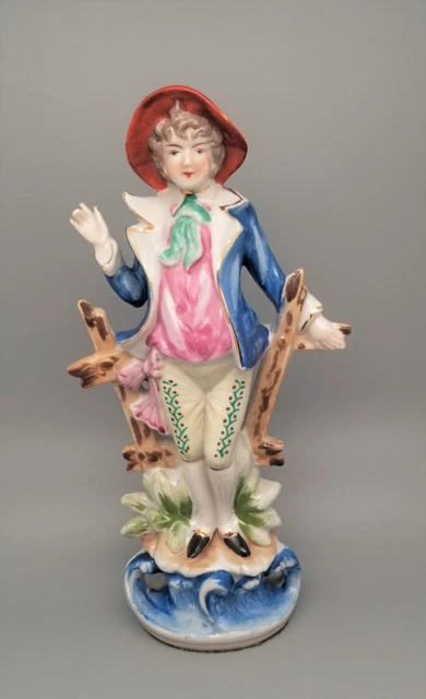 Vintage Porcelain Victorian Boy Man Leaning on Fence Base Waves 10" Figurine