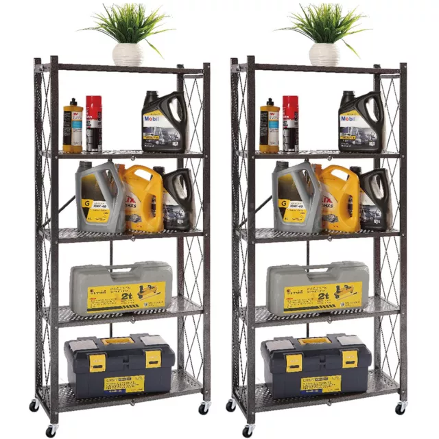 2PCS 5 Tier Heavy Duty Foldable Metal Rack Storage Shelving Unit Rack With Wheel