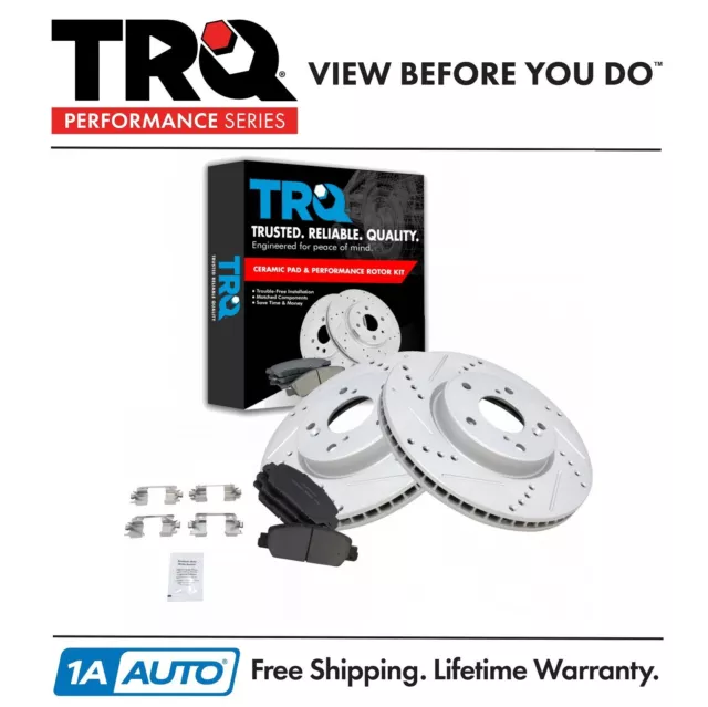 TRQ Front Posi Ceramic Brake Pad & Performance Drilled Slotted Coated Rotors