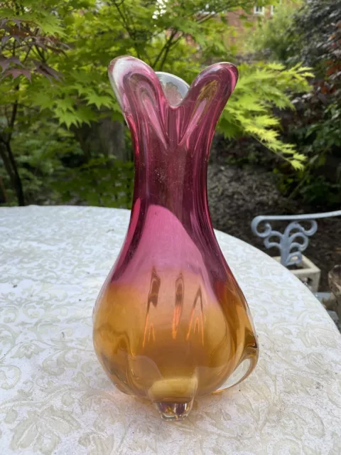 Mid Century Vibrant pink & orange art glass Chribska summerso Czech vase