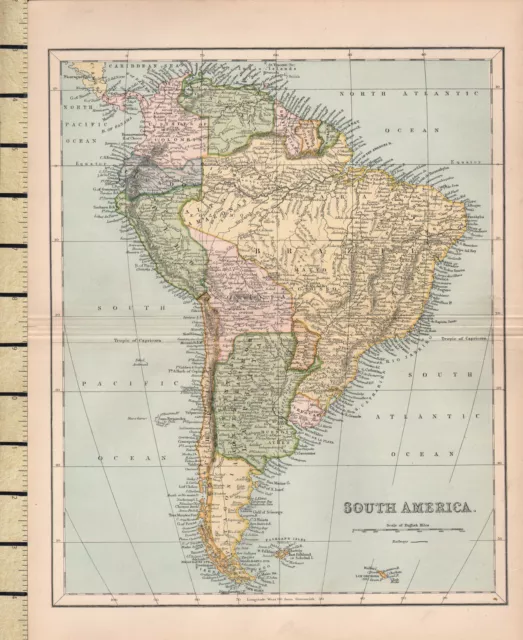 c1880 VICTORIAN MAP ~ SOUTH AMERICA ~ BRAZIL PERU CHILE FALKLAND