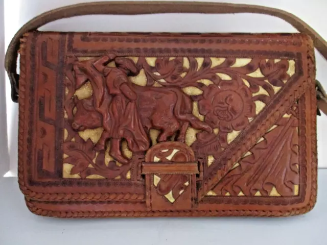 Vintage Davalos Mexico Hand Tooled Leather Handbag Carved Leather Matador & Bull