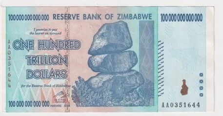 Zimbabwe 2008 100 Trillion Dollars Pick#91 good EF