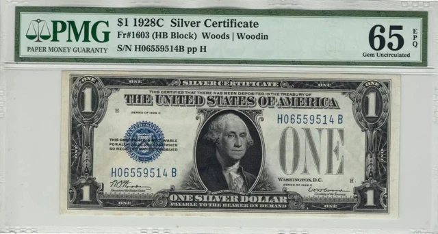 1928 C $1 Silver Certificate Note Fr.1603 Hb Block Pmg Gem Unc 65 Epq (514B)