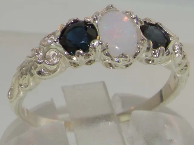 Solid Sterling 925 Silver Natural Opal & Sapphire English Victorian Trilogy Ring