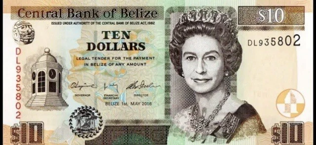 2016 year Belize Banknote 10 Dollars Circulated. Queen Elizabeth II Note BZD