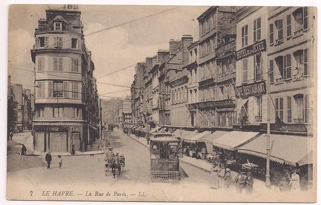 PARIS FRANCE Postcard LE HAVRE La Rue CAFE, HOTEL de la JETEE, Trolley & Horse