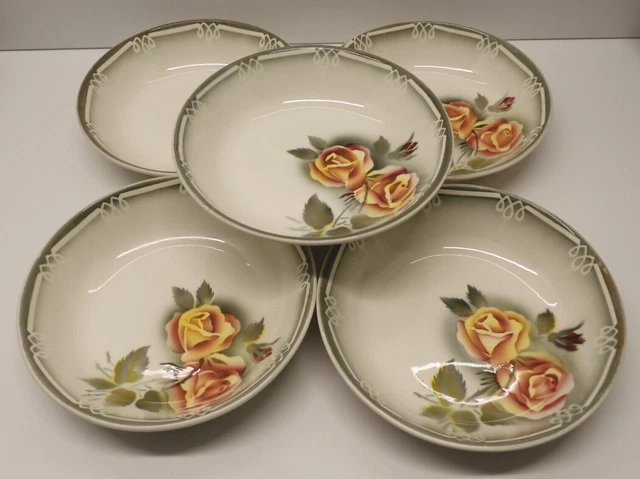 -5 ASSIETTES CREUSES CERAMIQUE DIGOIN modèle ADELE Roses jaune orangé  D