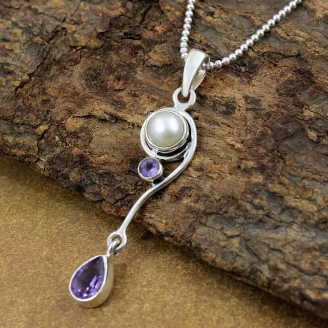 Pearl & Amethyst Gemstone 925 Sterling Silver  Stylish Handmade Pendent SK2127