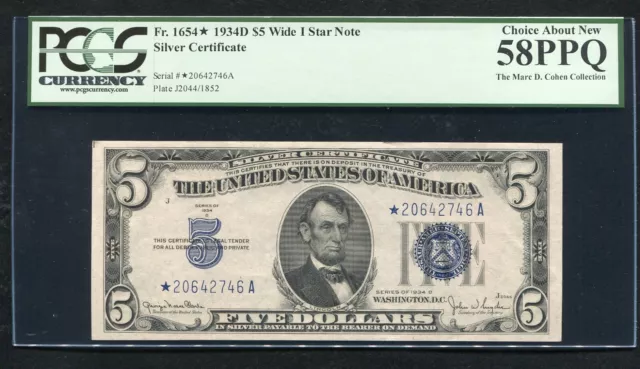 Fr.1654*1934-D $5 Wide I *Star* Silver Certificate Pcgs About Uncirculated-58Ppq