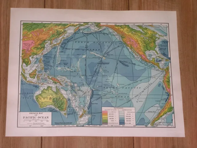 1936 Vintage Physical Map Of The Pacific Ocean / South America Population Map