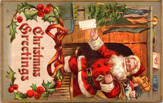 1909 Full Length SANTA Taking a Letter Off a CHRISTMAS Tree Postcard