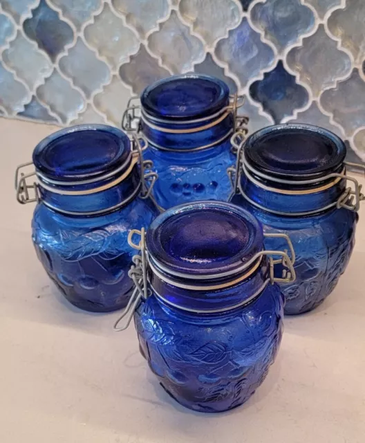 Blue Glass Jars Set of 4 with Lids spice Storage Jar Round Storage 4 inches high