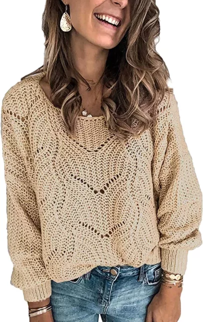 Dokotoo Womens 2022 Cute Elegant Soft Crewneck Long Sleeve Hollow Cable Knit Pul