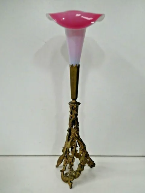 Antique Victorian Pink Milk Glass Epergne Trumpet Vase Ornate Cast Metal Stand