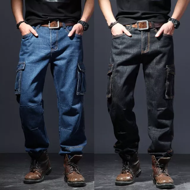 Mens New Cargo Jeans Soft Denim Cargo Pants Relaxed Fit 6 Pockets Sizes 32-46