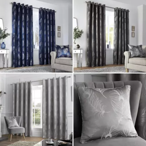 Feather Peacock Metallic Jacquard Lined Eyelet Ring Top Curtains Pair