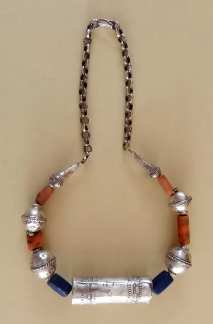 Collier Berbere Afrique Du Nord Ancien En Argent Avec Corail Et Lapi Lazuli