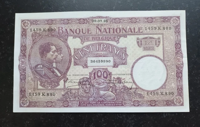 Belgique #P95 #XF 100 Francs Mauve 1925