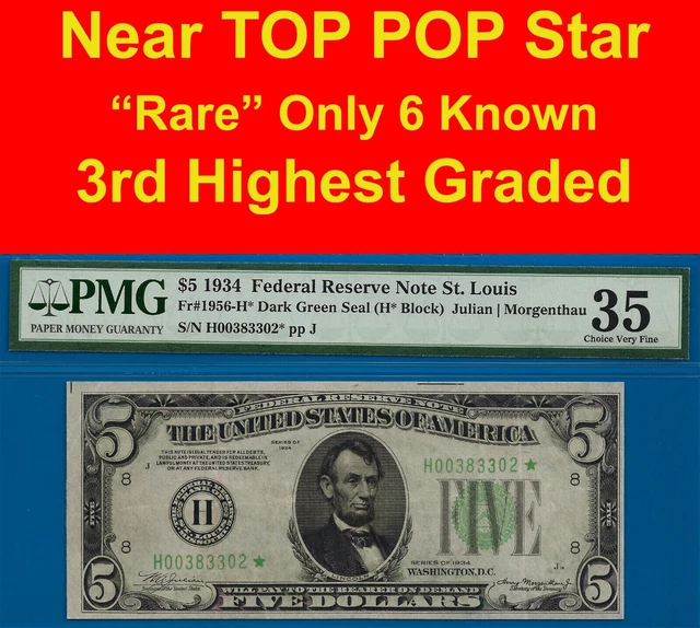Near TOP POP ✅ 1934 $5 FRN ➡️ 3rd Finest 🔴 St. Louis STAR ⬅️ PMG 35 # 83302*