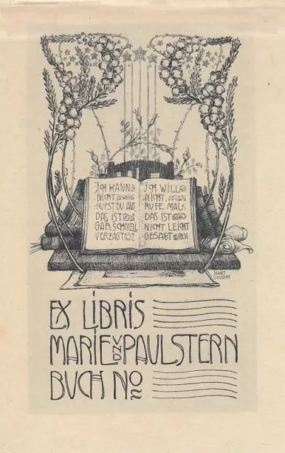 Exlibris Bookplate Radierung Hans Volkert 1878-1945 Buch Blütenlyra