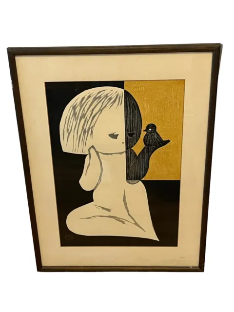 Kaoru Kawano Child and Bird Japanese Woodblock Print Pencil Signed Modernist