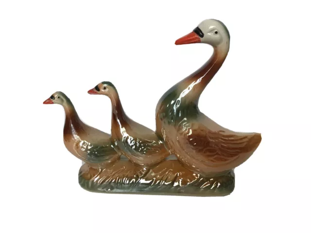 Lusterware Mother Goose & 2 Goslings Vintage Figurine Made In Brazil