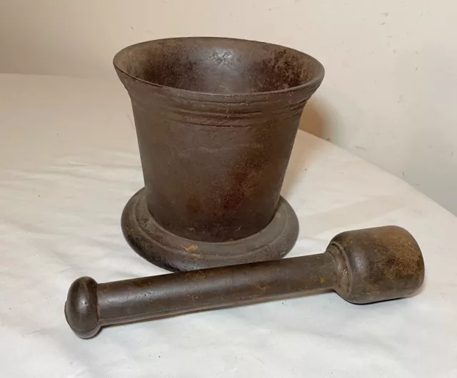 HUGE rare antique early 19th century handmade solid cast iron mortar and pestle