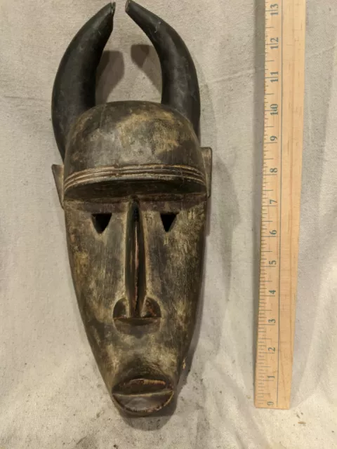 Horned Mask with Very Bold Facial Features — Authentic Carved African Wood Art