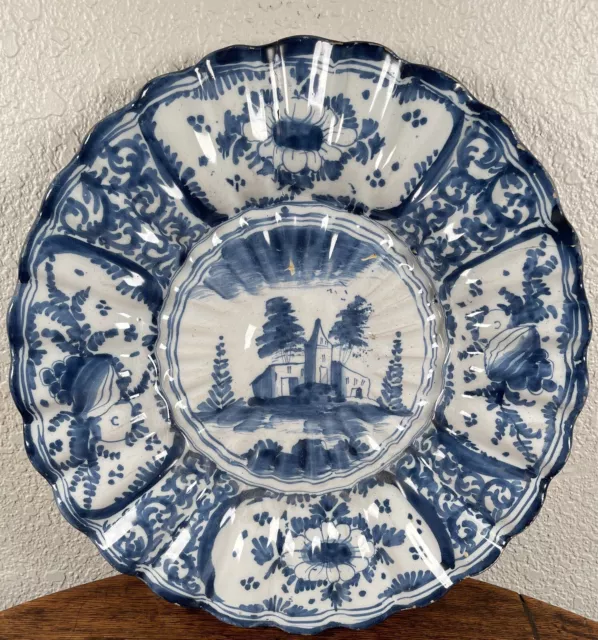 Antique Delft Lobed Chinoiserie Charger Faience Dutch 14” Blue White Dish 17th C