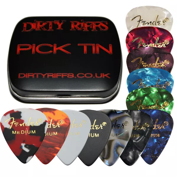 Fender Celluloid Guitar Picks - 12 x Medium Plectrums -1 Of Each Colour In A Tin