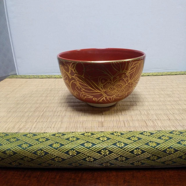 Tea Utensils Red Ground Gold Brocade Peony Arabesque Bowl Gaotai Temple Kiln Mor
