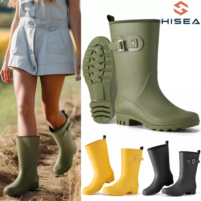 HISEA Women Low Heel Wider Calf Rain Boots Buckle Waterproof Wellies Garden Boot