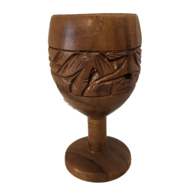 4 Vintage Genuine Monkey Pod Hand Carved Wood Goblet Cups Tiki