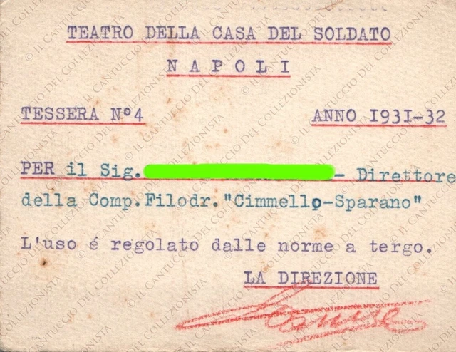 1932 Teatro Casa Soldato Napoli Compagnia Cimmello Sparano Tessera socio
