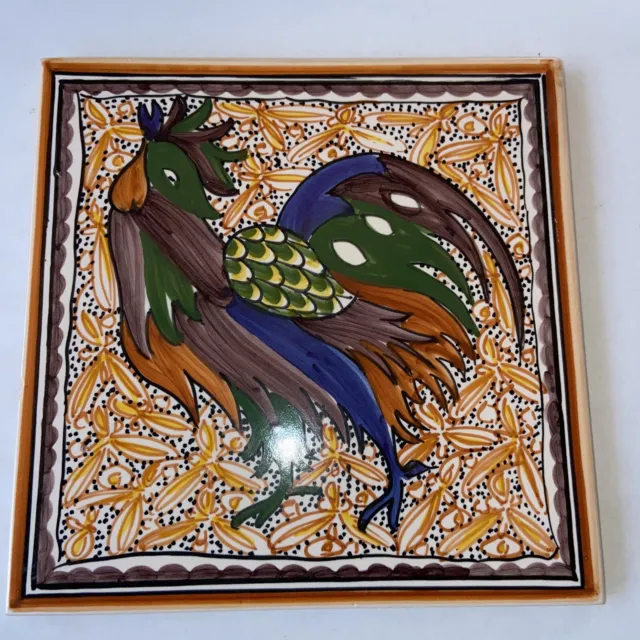 Vintage Ceramic Tile Rooster made in Portugal 6" Hand Painted Signed