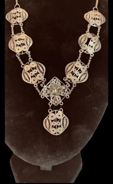 Antique Art Deco Silver Filigree Drop Necklace