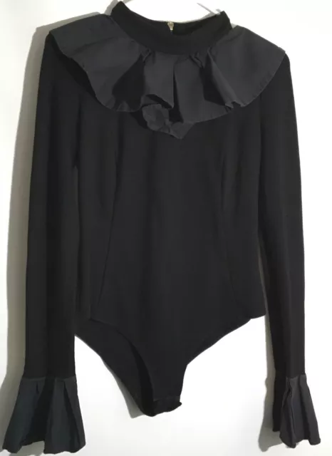 Balmain Women's 40 Black Ruffled Keyhole Knit Bodysuit Ribbed Ruffle Bell Cuffs