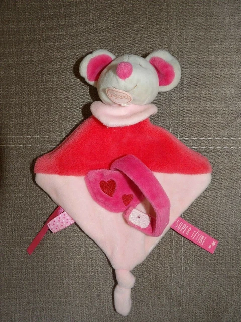 Doudou Plat Babynat Super Tétine Souris Grise Rose Coeur ETAT NEUF