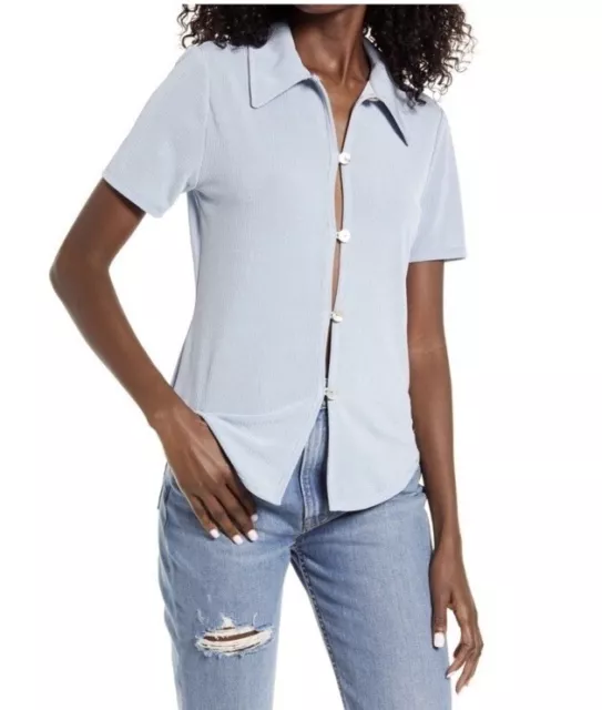 Wayf Short Sleeve Blue Womens Sz M NEW NWT Button Up Collared Top Shirt Blouse