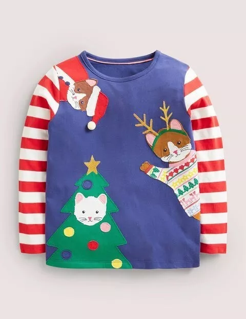 Mini Boden Festive Cat Applique Shirt Blue Pink Christmas Holiday NWT New 4-5