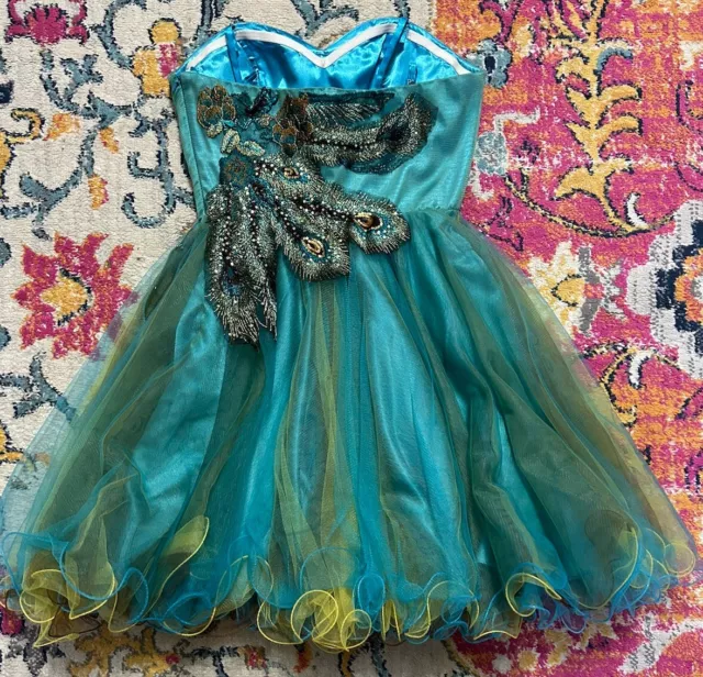 Homecoming Dance Peacock Blue Short Sequin Beaded Strapless Ruffled Dress Size 6 3