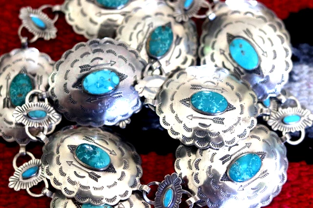 Vintage TURQUOISE CONCHO BELT sterling silver 31" Fred Harvey era Navajo 126g Vintage TURQUOISE CONCHO BELT sterling silver 31" Fred Harvey era Navajo 126g
